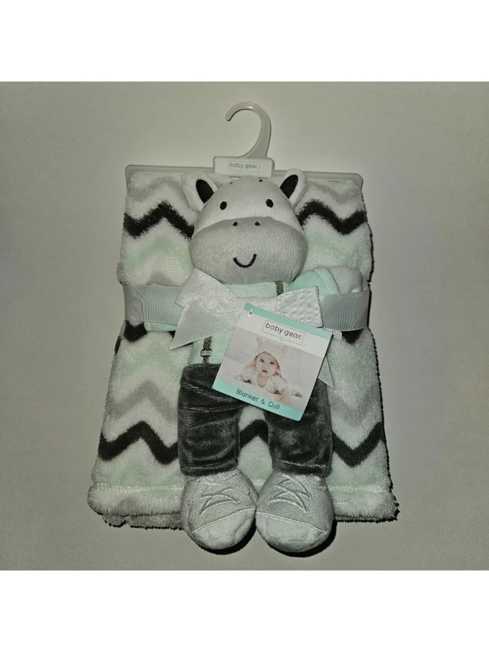 NEW Baby Gear Zebra Lovey Fleece Baby Blanket Gift Set Gray Green White Chevron